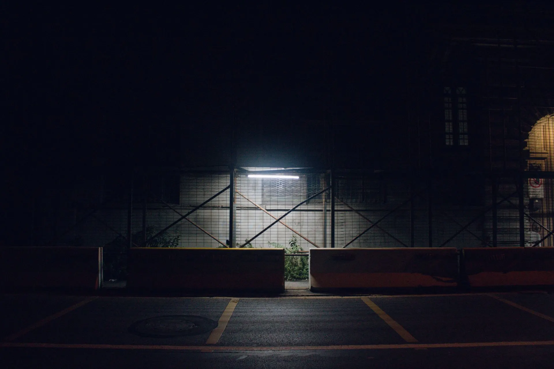 Freight warehouse lit up at night